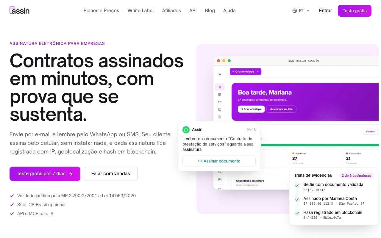 Página inicial do site Assin