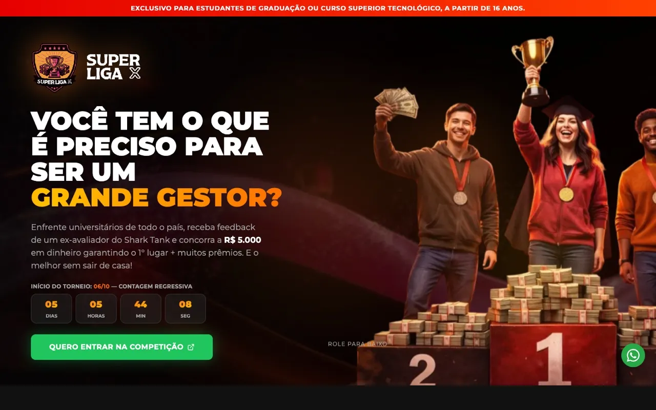 Página inicial do site Super Liga X